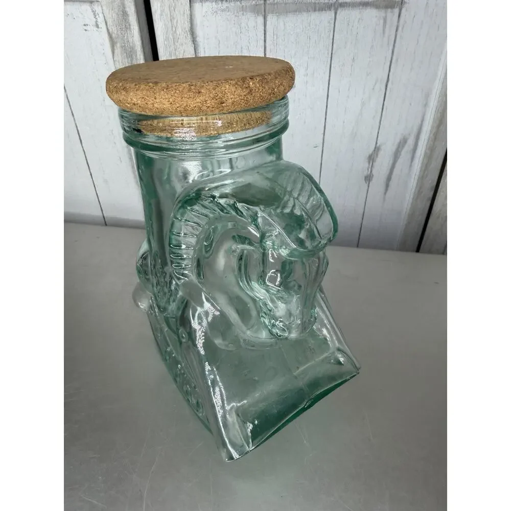VTG Glass Rocking Horse Jar Canister Cork Lid Made in Italy Blue Green Glass